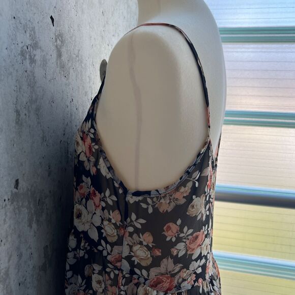 Poetry Size M Orange Black Floral Sheer Hi-Lo Trapeze Tunic Dress Y2K Fairycore - Picture 4 of 8